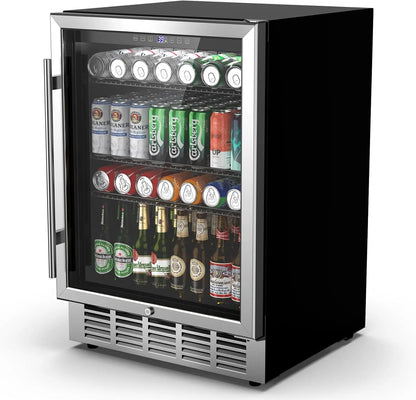 24 Inch Beverage Refrigerator 190 Cans Built-in/Freestanding Beverage Cooler Digital Memory Under Counter Beer Fridge Glass Door