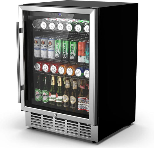 24 Inch Beverage Refrigerator 190 Cans Built-in/Freestanding Beverage Cooler Digital Memory Under Counter Beer Fridge Glass Door