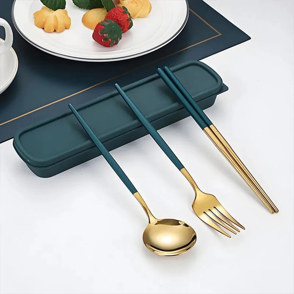 3-in-1 Stainless Steel Portable Utensil Set, Fork Spoon & Chopsticks Travel Cutlery for Picnic, Bento & Camping