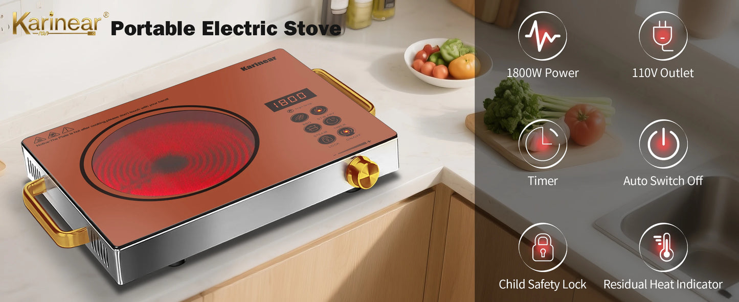 Karinear Portable Electric Stove 110V, 1800W Electric Hot Plate with Handle, Knob Control Single Burner Electri Cooktop, Ceramic Infrared Countertop Burner, Timer, Safety Lock(Pink)