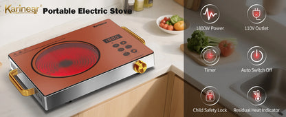 Karinear Portable Electric Stove 110V, 1800W Electric Hot Plate with Handle, Knob Control Single Burner Electri Cooktop, Ceramic Infrared Countertop Burner, Timer, Safety Lock(Pink)