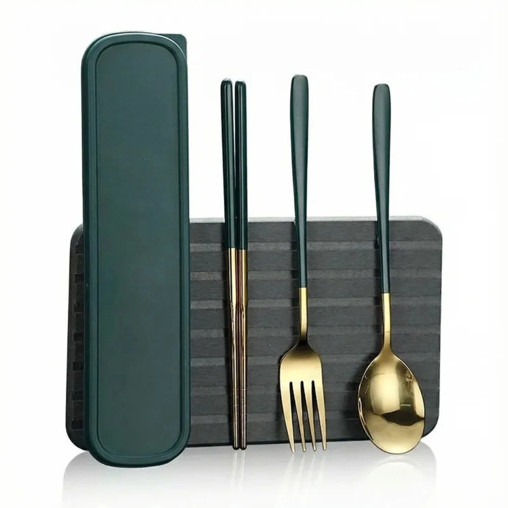3-in-1 Stainless Steel Portable Utensil Set, Fork Spoon & Chopsticks Travel Cutlery for Picnic, Bento & Camping