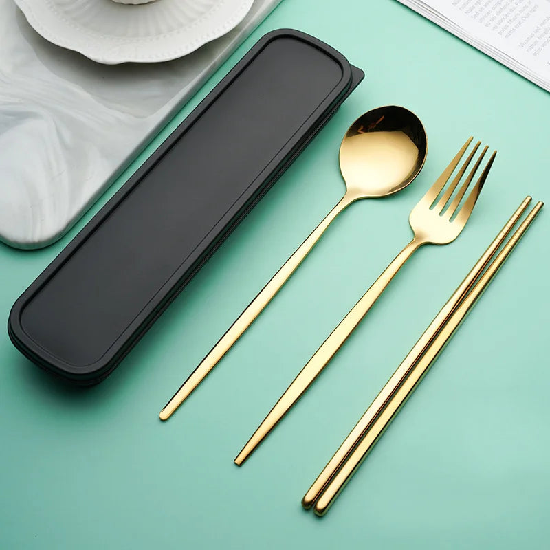 3-in-1 Stainless Steel Portable Utensil Set, Fork Spoon & Chopsticks Travel Cutlery for Picnic, Bento & Camping
