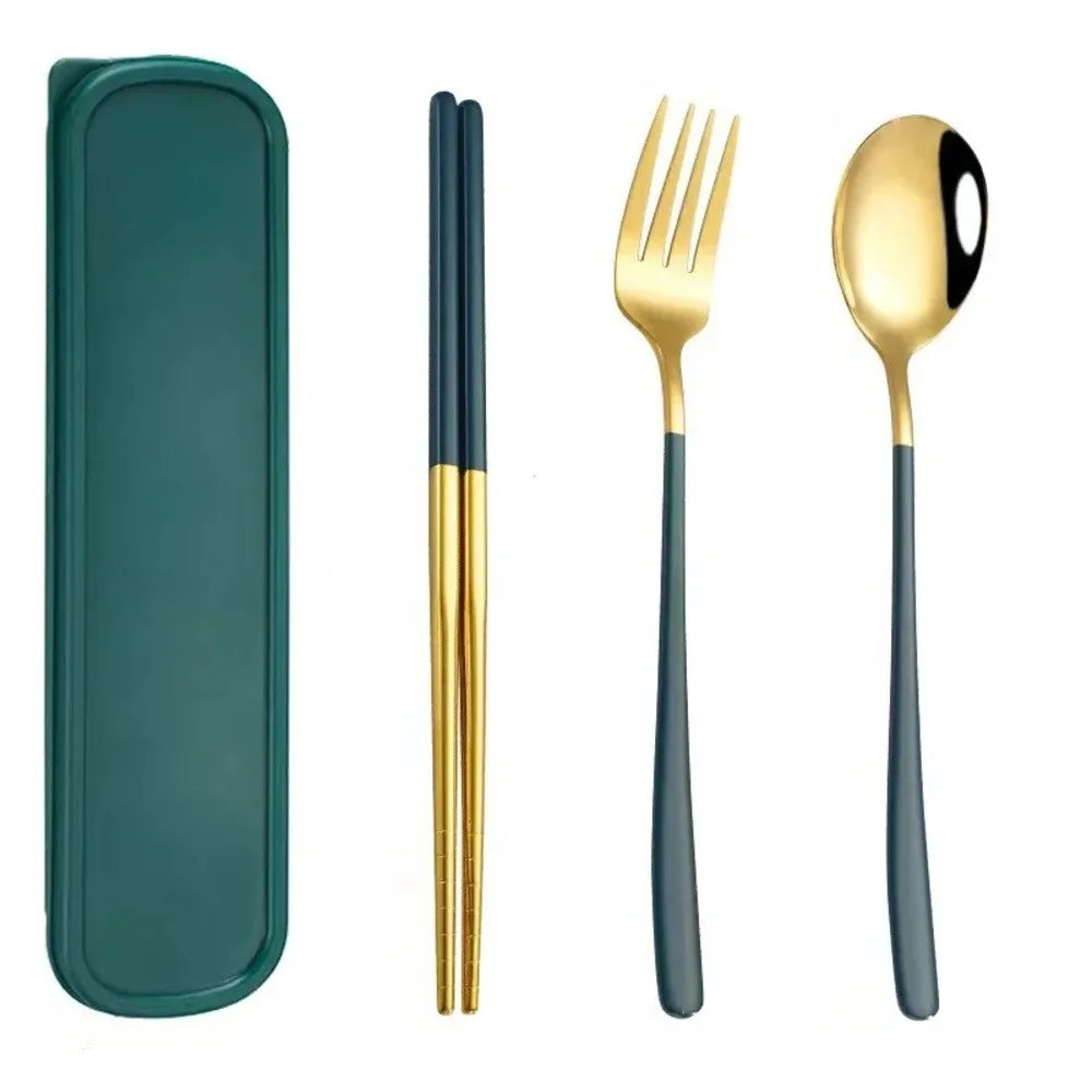 3-in-1 Stainless Steel Portable Utensil Set, Fork Spoon & Chopsticks Travel Cutlery for Picnic, Bento & Camping