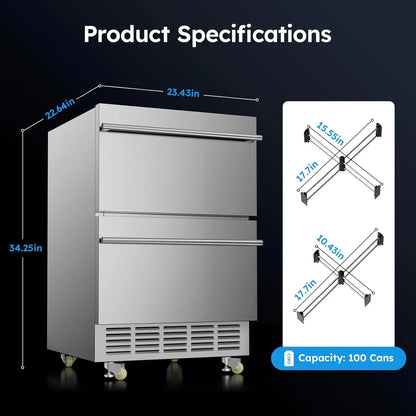 Outdoor Refrigerator for Patio, Outdoor Drawer Fridge, 24 Inch Undercounter Refrigerators with Wheels, 120 Cans Beverage Fridge