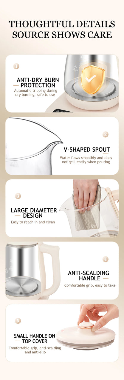 SUNATUR Kettles Electric Glass 220V Multifunction Health Pot Milk Fruit Tea Coffee Water 800W 24-hour Heat Preservation