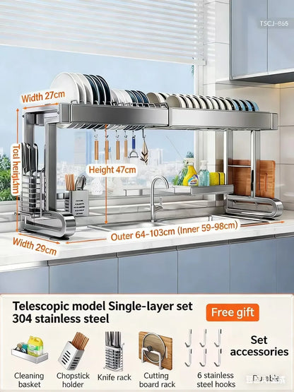 Over Sink Dish Drying Rack Stainless Steel Expandable Drain Bowl Holder Shelf Kitchen Counter Dish Storage Rack Hanger Shelves