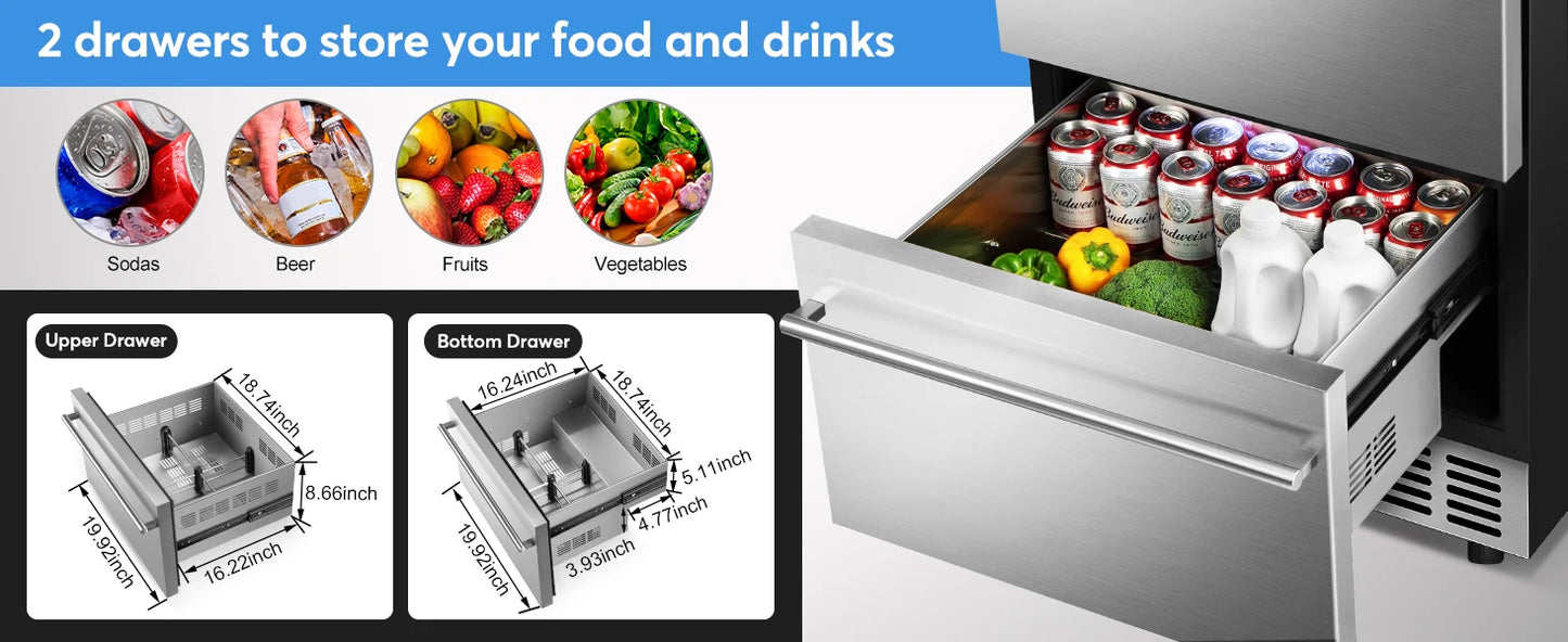 Outdoor Refrigerator for Patio, Outdoor Drawer Fridge, 24 Inch Undercounter Refrigerators with Wheels, 120 Cans Beverage Fridge