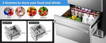 Outdoor Refrigerator for Patio, Outdoor Drawer Fridge, 24 Inch Undercounter Refrigerators with Wheels, 120 Cans Beverage Fridge