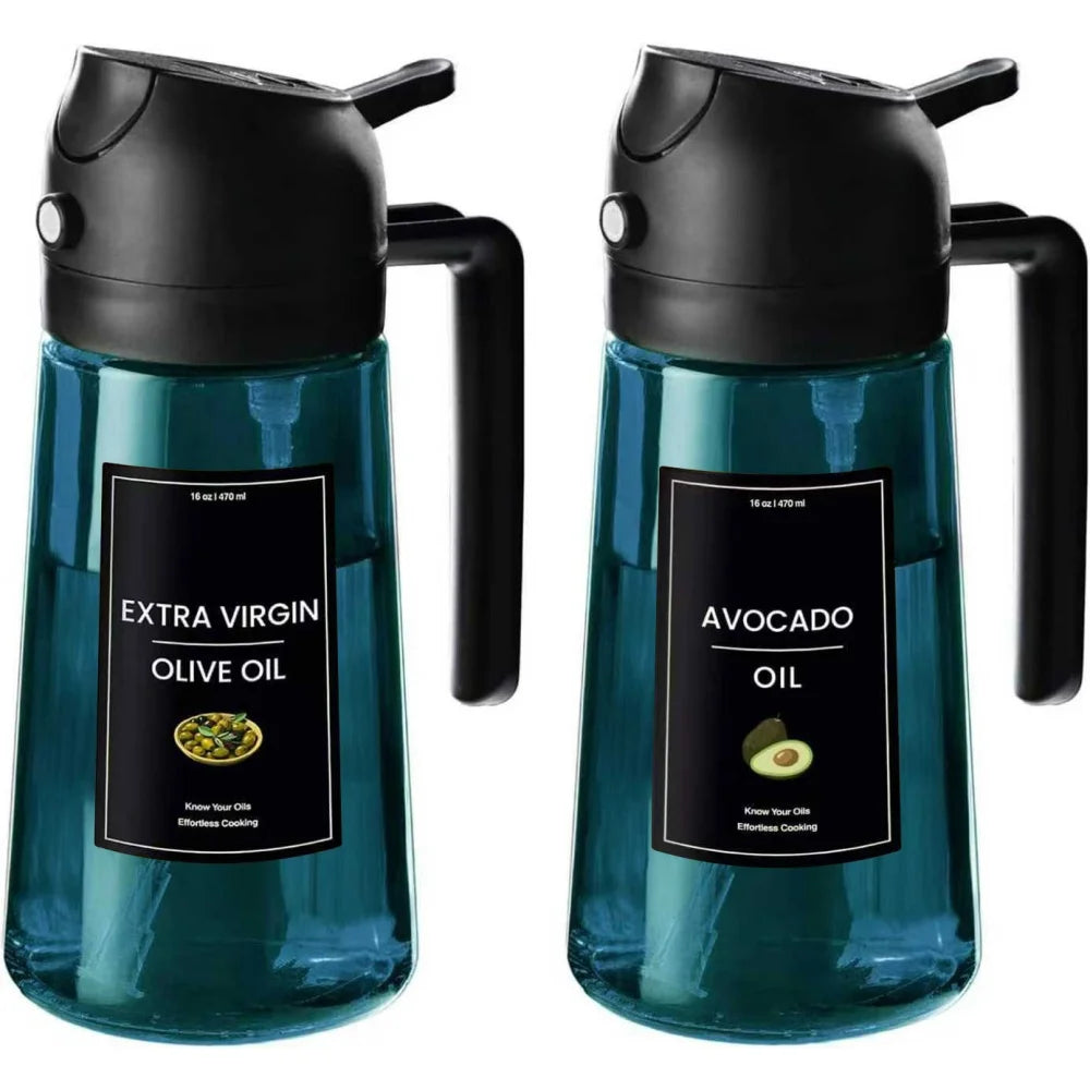 16oz/470ml Blue Glass Olive Oil Sprayer for Cooking - 2 in 1 Olive Oil Dispenser for Kitchen Gadgets, Air Fryer, Salad, and BBQ