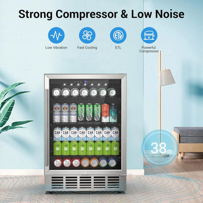 24 Inch Beverage Refrigerator 190 Cans Built-in/Freestanding Beverage Cooler Digital Memory Under Counter Beer Fridge Glass Door