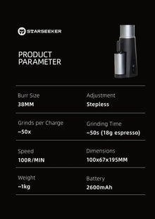 STARSEEKER EDGE Mini Portable Electric Coffee Grinder 38mm Cone Burr Stepless Adjustable Type-C Home Outdoor Travel Suit