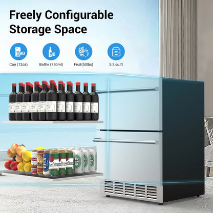 Outdoor Refrigerator for Patio, Outdoor Drawer Fridge, 24 Inch Undercounter Refrigerators with Wheels, 120 Cans Beverage Fridge