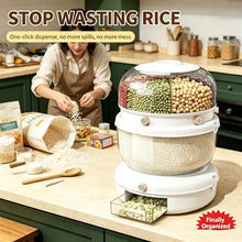 Double-layer, multi-compartment rotatable rice container with a one-touch rice drawer function, airtight grain storage jar, top cover with four compartments, white transparent large-capacity grain storage jar, ideal for stori