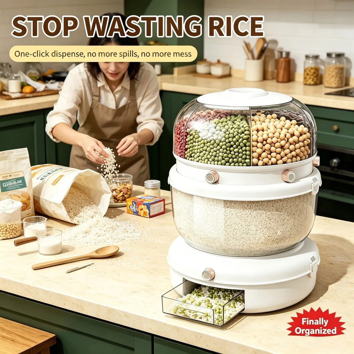 Double-layer, multi-compartment rotatable rice container with a one-touch rice drawer function, airtight grain storage jar, top cover with four compartments, white transparent large-capacity grain storage jar, ideal for stori