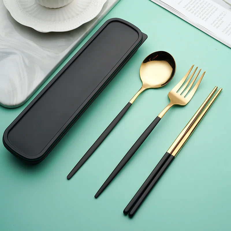 3-in-1 Stainless Steel Portable Utensil Set, Fork Spoon & Chopsticks Travel Cutlery for Picnic, Bento & Camping