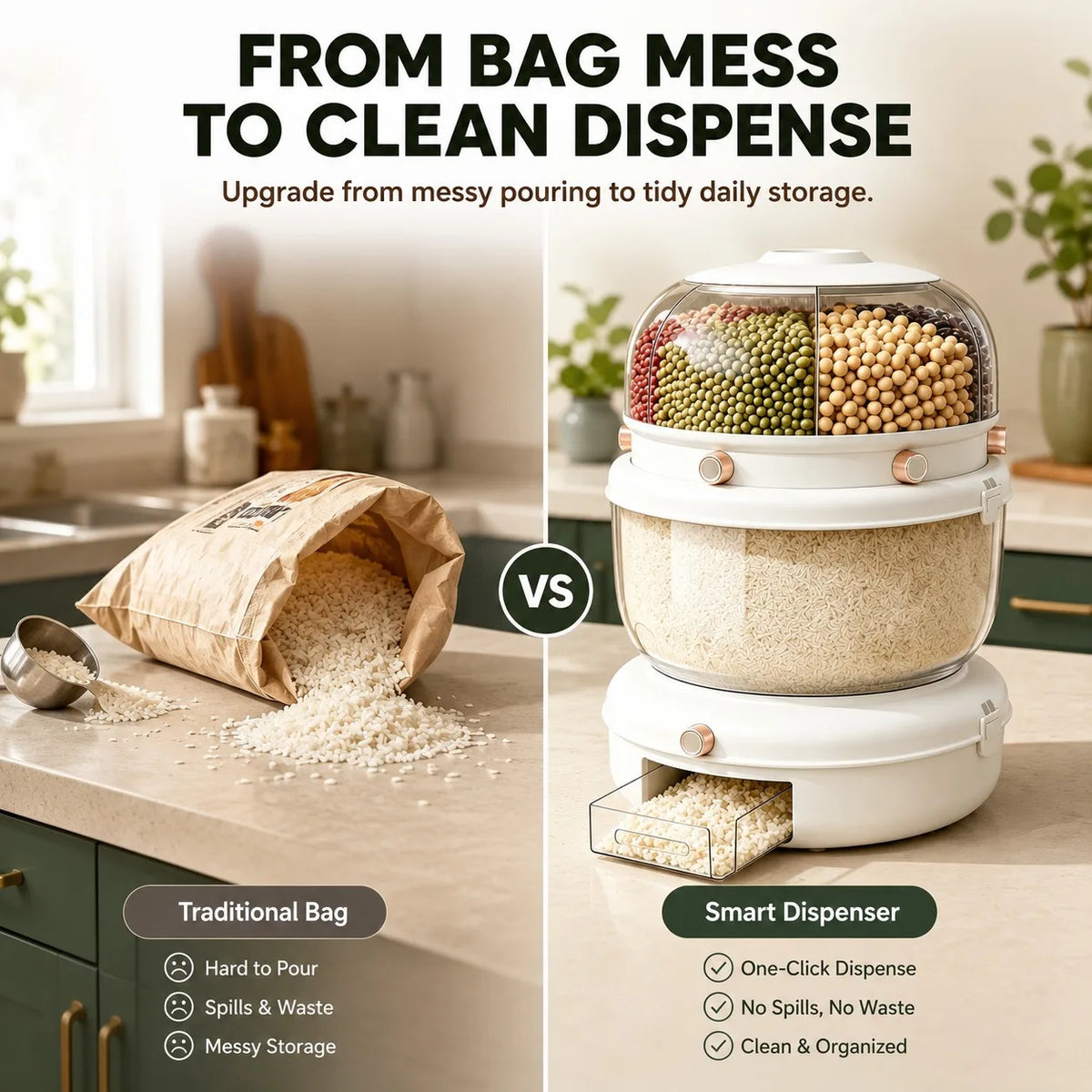 Double-layer, multi-compartment rotatable rice container with a one-touch rice drawer function, airtight grain storage jar, top cover with four compartments, white transparent large-capacity grain storage jar, ideal for stori