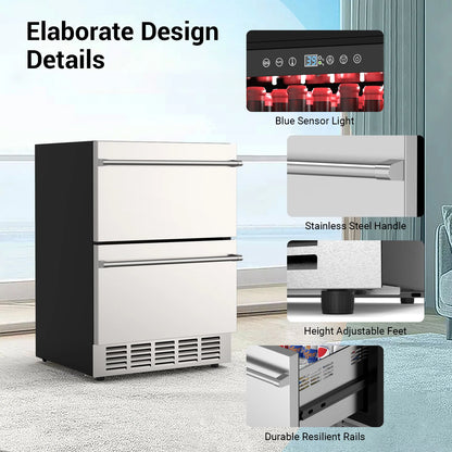 Outdoor Refrigerator for Patio, Outdoor Drawer Fridge, 24 Inch Undercounter Refrigerators with Wheels, 120 Cans Beverage Fridge