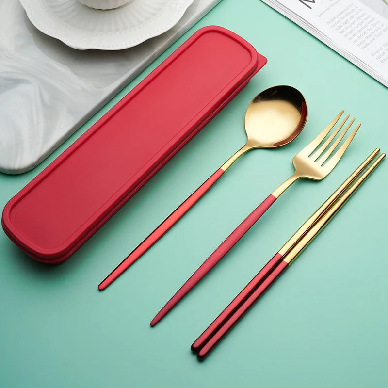 3-in-1 Stainless Steel Portable Utensil Set, Fork Spoon & Chopsticks Travel Cutlery for Picnic, Bento & Camping