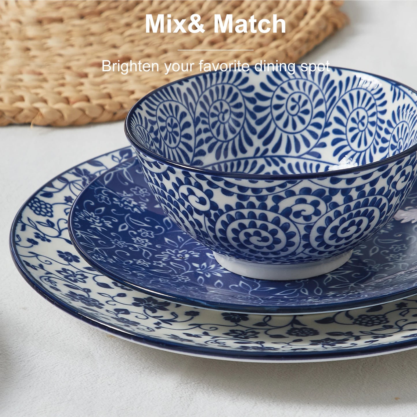 12pcs, Plates and Bowls, Dish Sets for 4 - Scratch Resistant, Dishwasher & Microwave Safe, Vintage Blue