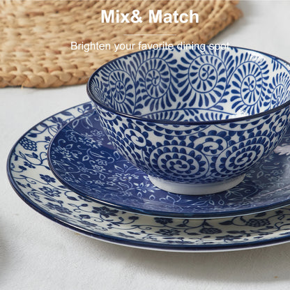 12pcs, Plates and Bowls, Dish Sets for 4 - Scratch Resistant, Dishwasher & Microwave Safe, Vintage Blue