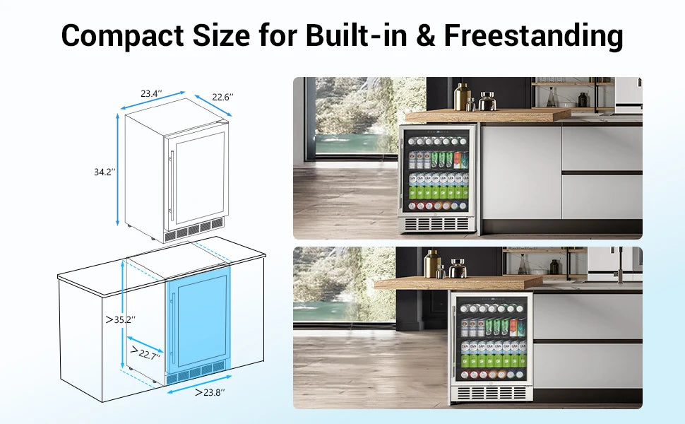 24 Inch Beverage Refrigerator 190 Cans Built-in/Freestanding Beverage Cooler Digital Memory Under Counter Beer Fridge Glass Door