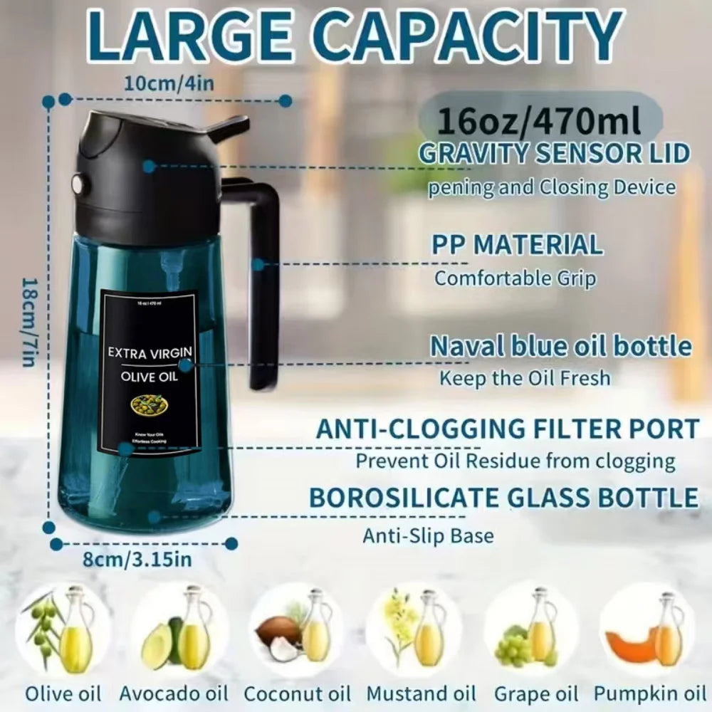 16oz/470ml Blue Glass Olive Oil Sprayer for Cooking - 2 in 1 Olive Oil Dispenser for Kitchen Gadgets, Air Fryer, Salad, and BBQ