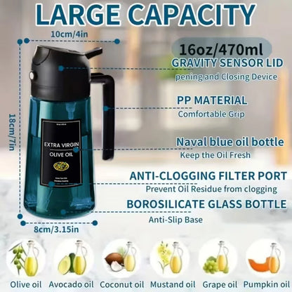 16oz/470ml Blue Glass Olive Oil Sprayer for Cooking - 2 in 1 Olive Oil Dispenser for Kitchen Gadgets, Air Fryer, Salad, and BBQ