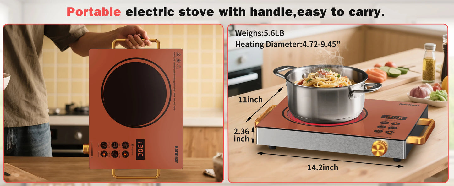 Karinear Portable Electric Stove 110V, 1800W Electric Hot Plate with Handle, Knob Control Single Burner Electri Cooktop, Ceramic Infrared Countertop Burner, Timer, Safety Lock(Pink)