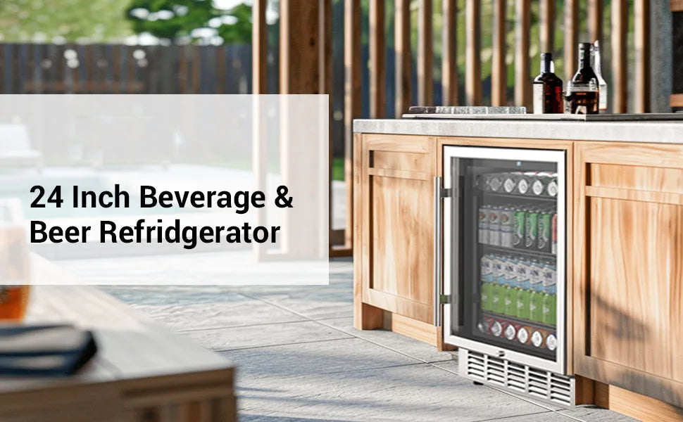 24 Inch Beverage Refrigerator 190 Cans Built-in/Freestanding Beverage Cooler Digital Memory Under Counter Beer Fridge Glass Door