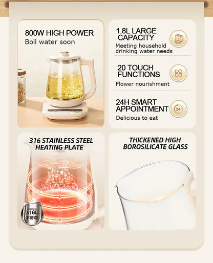 SUNATUR Kettles Electric Glass 220V Multifunction Health Pot Milk Fruit Tea Coffee Water 800W 24-hour Heat Preservation