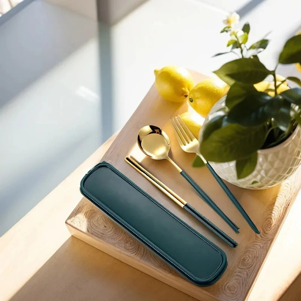 3-in-1 Stainless Steel Portable Utensil Set, Fork Spoon & Chopsticks Travel Cutlery for Picnic, Bento & Camping