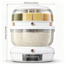 Double-layer, multi-compartment rotatable rice container with a one-touch rice drawer function, airtight grain storage jar, top cover with four compartments, white transparent large-capacity grain storage jar, ideal for stori