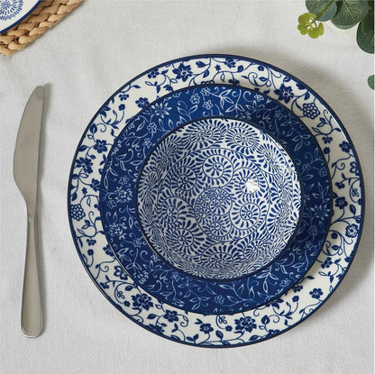 12pcs, Plates and Bowls, Dish Sets for 4 - Scratch Resistant, Dishwasher & Microwave Safe, Vintage Blue