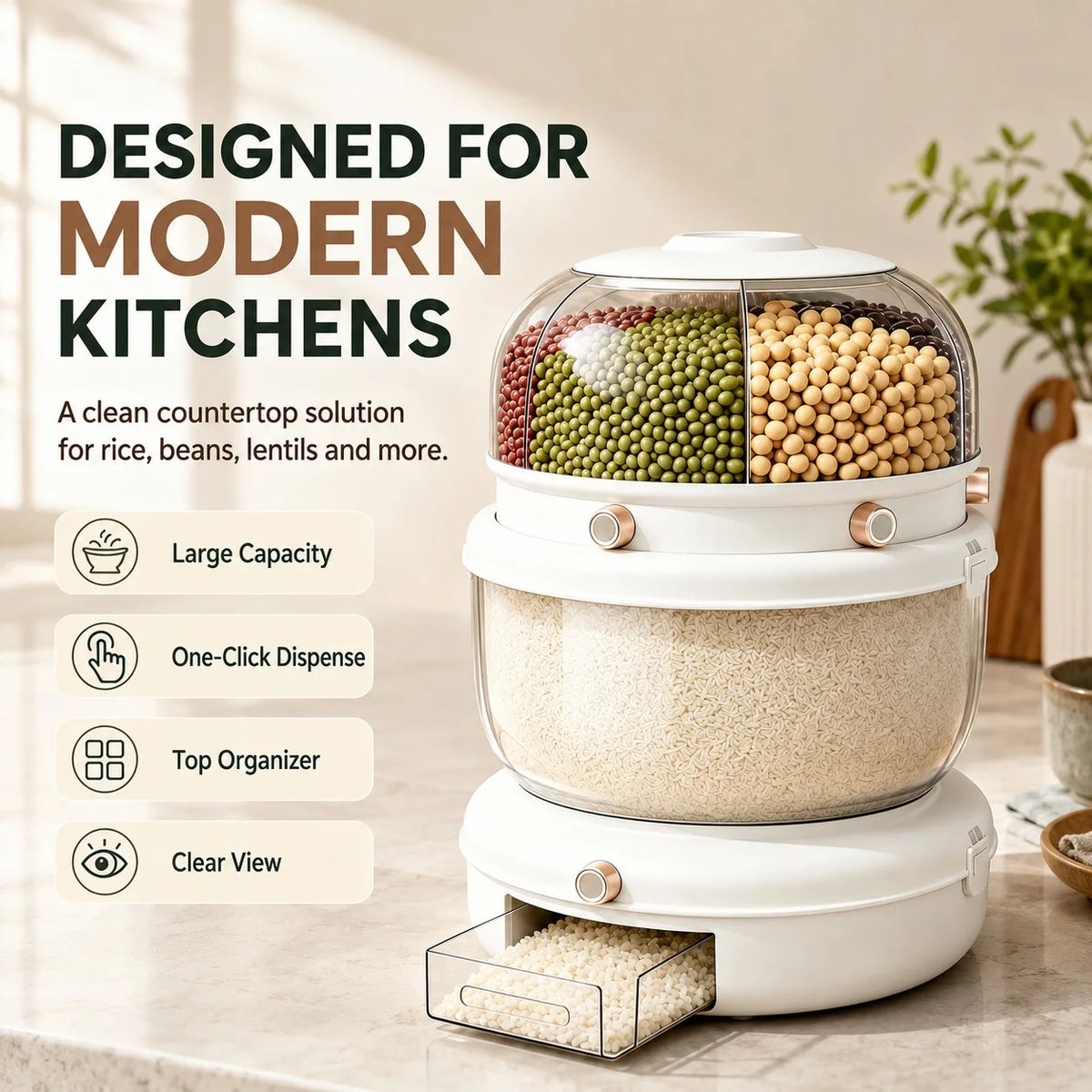 Double-layer, multi-compartment rotatable rice container with a one-touch rice drawer function, airtight grain storage jar, top cover with four compartments, white transparent large-capacity grain storage jar, ideal for stori