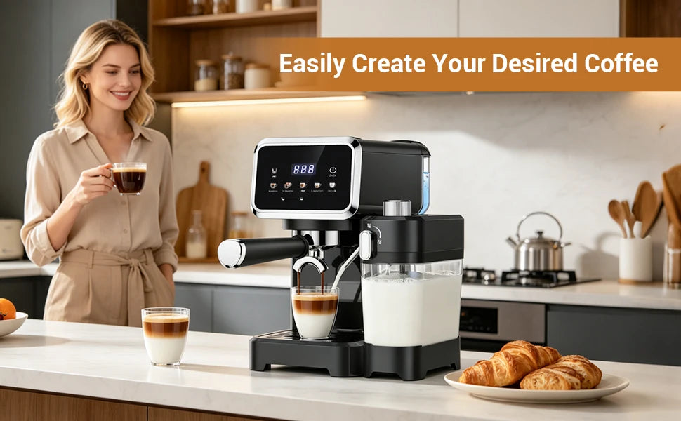 Espresso Machine with Color Touchscreen, 20 Bar Cappuccino Latte Machines with Automatic Milk Frother, Dual Boiler Stainless Steel Espresso Maker for Home, 1350W