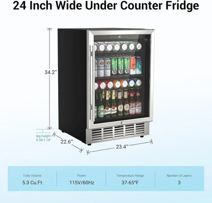 24 Inch Beverage Refrigerator 190 Cans Built-in/Freestanding Beverage Cooler Digital Memory Under Counter Beer Fridge Glass Door