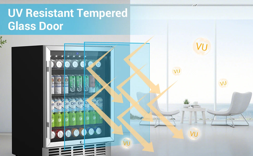 24 Inch Beverage Refrigerator 190 Cans Built-in/Freestanding Beverage Cooler Digital Memory Under Counter Beer Fridge Glass Door