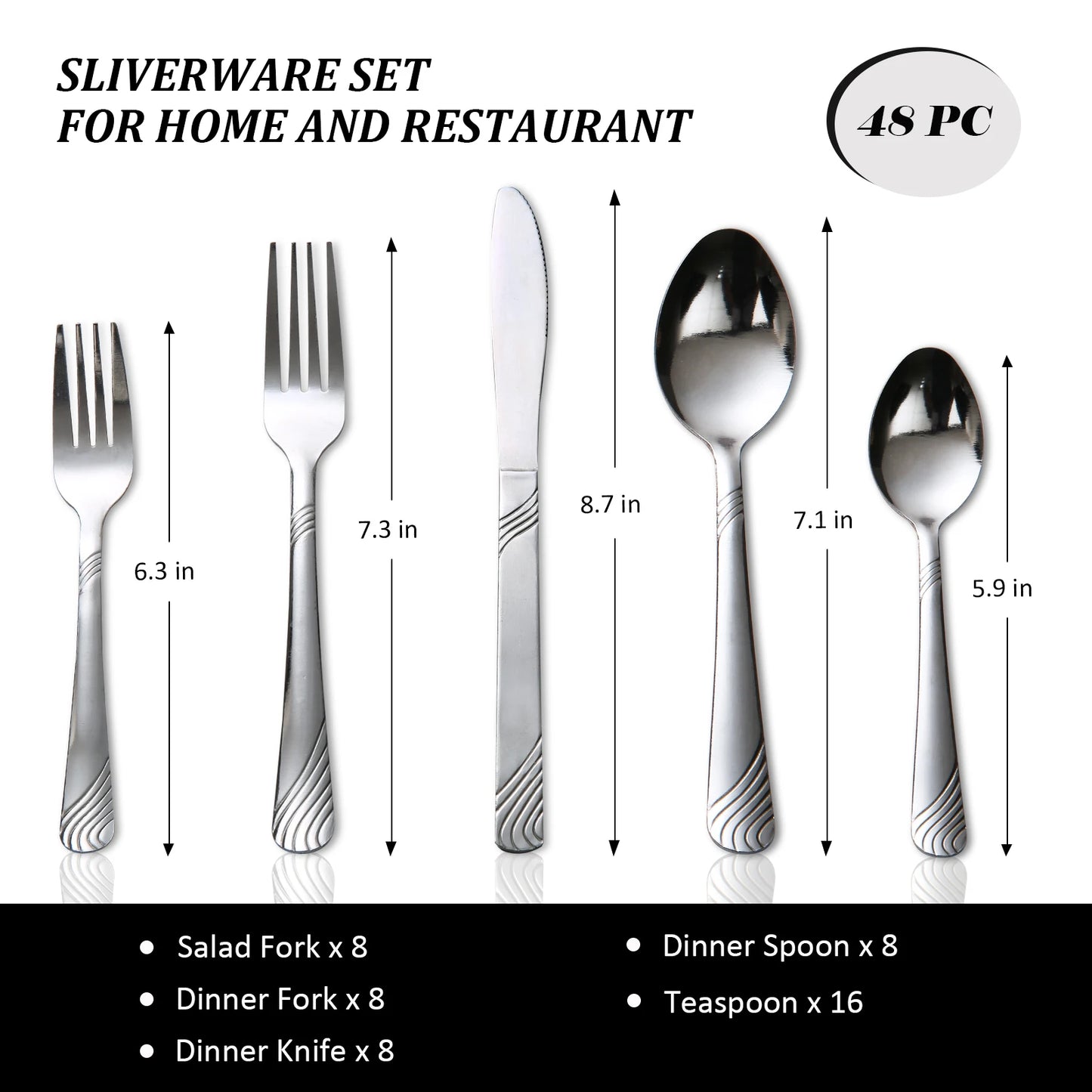 HANSMART 48Pcs Stainless Steel Cutlery Set, Service for 8, Knives Forks Spoons, Kitchen Dinner Gift