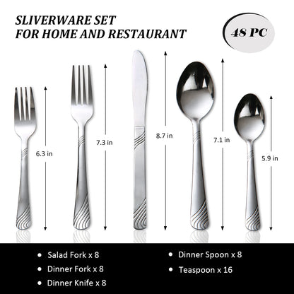 HANSMART 48Pcs Stainless Steel Cutlery Set, Service for 8, Knives Forks Spoons, Kitchen Dinner Gift