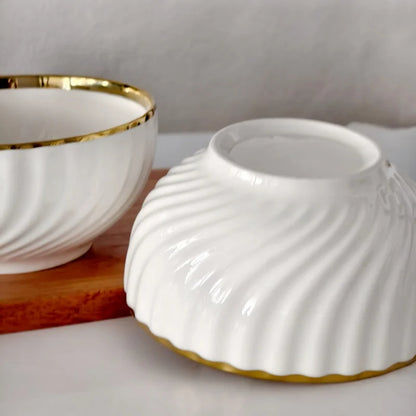 Nordic 6 Inch White Porcelain Bowl Elegant Gold Border Ceramic Dessert Bowl Modern Swirl Design Salad Tableware for Party