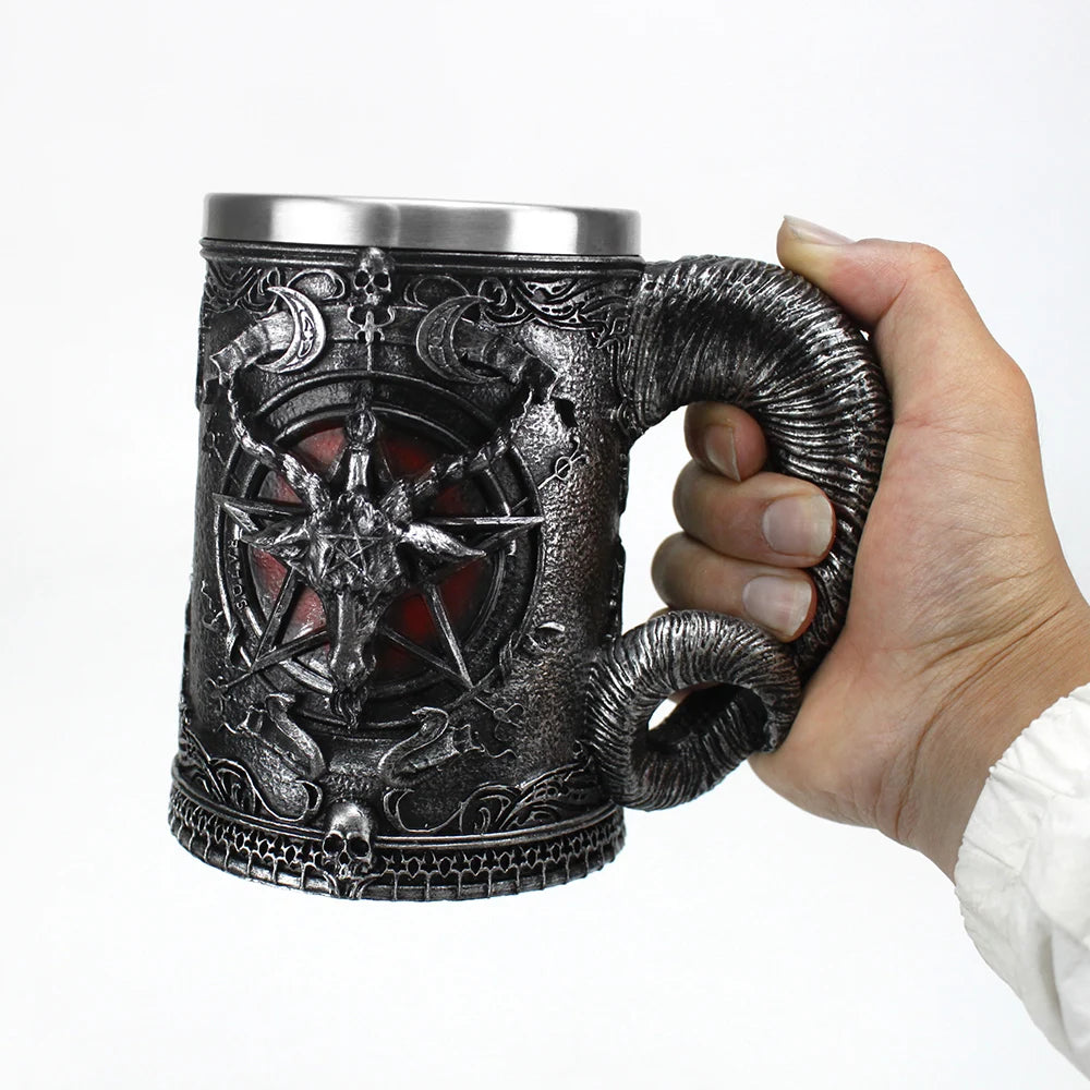 Baphomet Mug Tankard Stainless Steel Resin 3D Baphomet Pentagram Sabbatic Gothic Wicca Pagan Horn Beer Tankard Cup Mugs 600ml