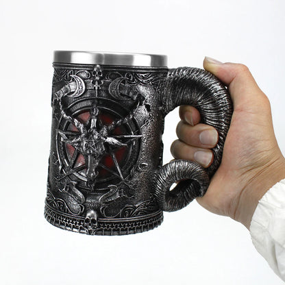 Baphomet Mug Tankard Stainless Steel Resin 3D Baphomet Pentagram Sabbatic Gothic Wicca Pagan Horn Beer Tankard Cup Mugs 600ml