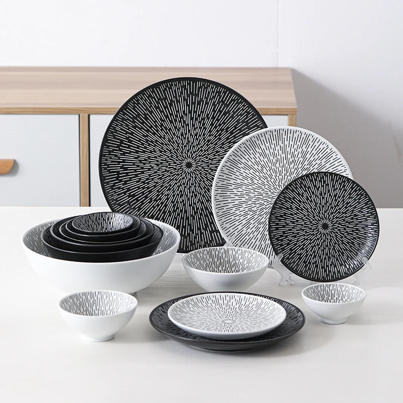 Dehua Round Ceramic Rain Design Dinnerware Plates Set Porcelain Black or White Line Tableware Morden Salad Soup Bowl
