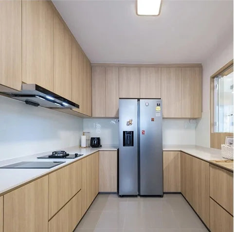 Modern Eco-Friendly Kitchen Cabinets High-Gloss Lacquered Acryloc PET Flat Melamine on Wood Plywood for Villas Faucet