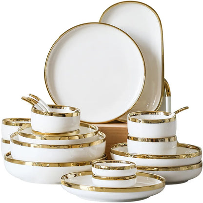 Luxury Elegant Vintage Hotel Restaurant Home Porcelain Tableware Gold Edge Ceramic Bowl Dinner Plates Dishes Dinnerware Set