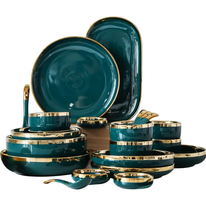 Luxury Elegant Vintage Hotel Restaurant Home Porcelain Tableware Gold Edge Ceramic Bowl Dinner Plates Dishes Dinnerware Set