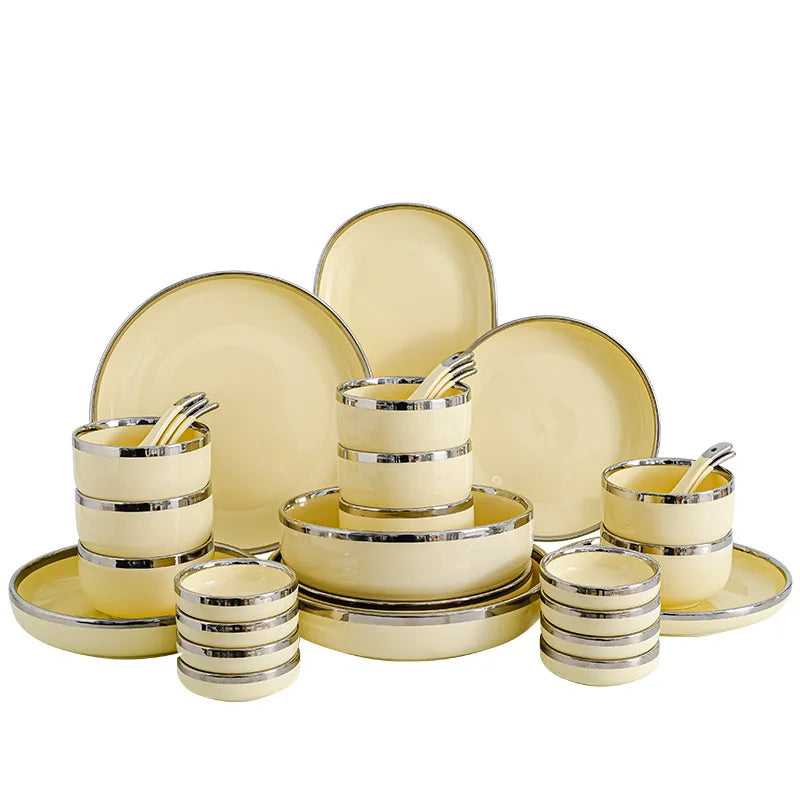 Luxury Elegant Vintage Hotel Restaurant Home Porcelain Tableware Gold Edge Ceramic Bowl Dinner Plates Dishes Dinnerware Set
