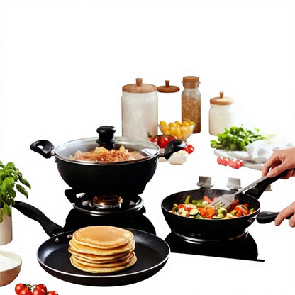Premium Durable Eco-Friendly Healthy 3-Piece Classic Metal Non-Stick Cookware Set Frying Pans Kadhai Glass Lid Induction Ready