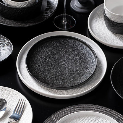 European-Style Minimalist Ceramic Tableware Set Black White Slate Series Includes Rice Bowls Plates Dishes-Available